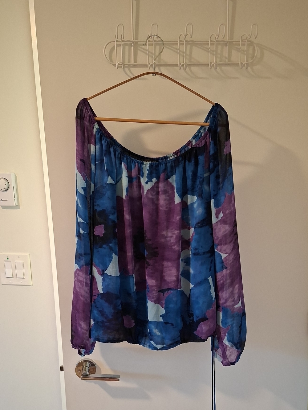 Nine West Blue & Purple Off-the-Shoulder Balloon-Sleeve Boho Blouse (Size L)